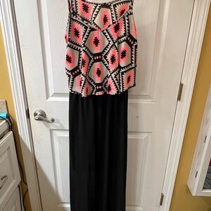 High-Low Maxi Dress with Neon Aztec Print - Black/Pink